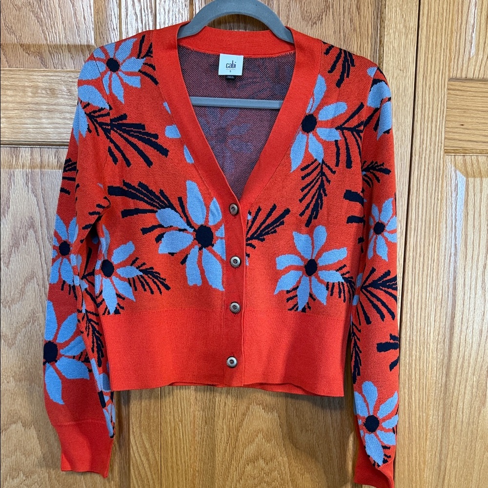 CAbi Women's Vibrant Red Cardigan with Blue Floral Pattern #6240